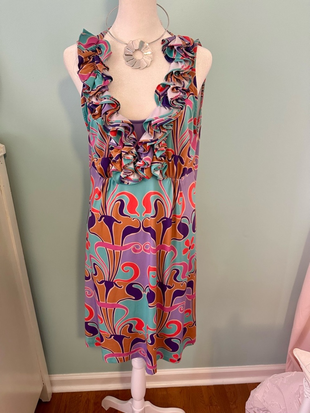 Nally & Millie Teal, Purple and Mustard Ruffle-Neck Print Mini Dress